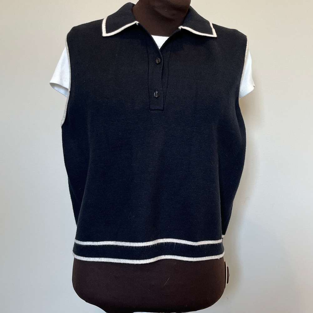 Abercrombie & Fitch Women Black White Polo Sweater Vest Size L Preppy Minimalist